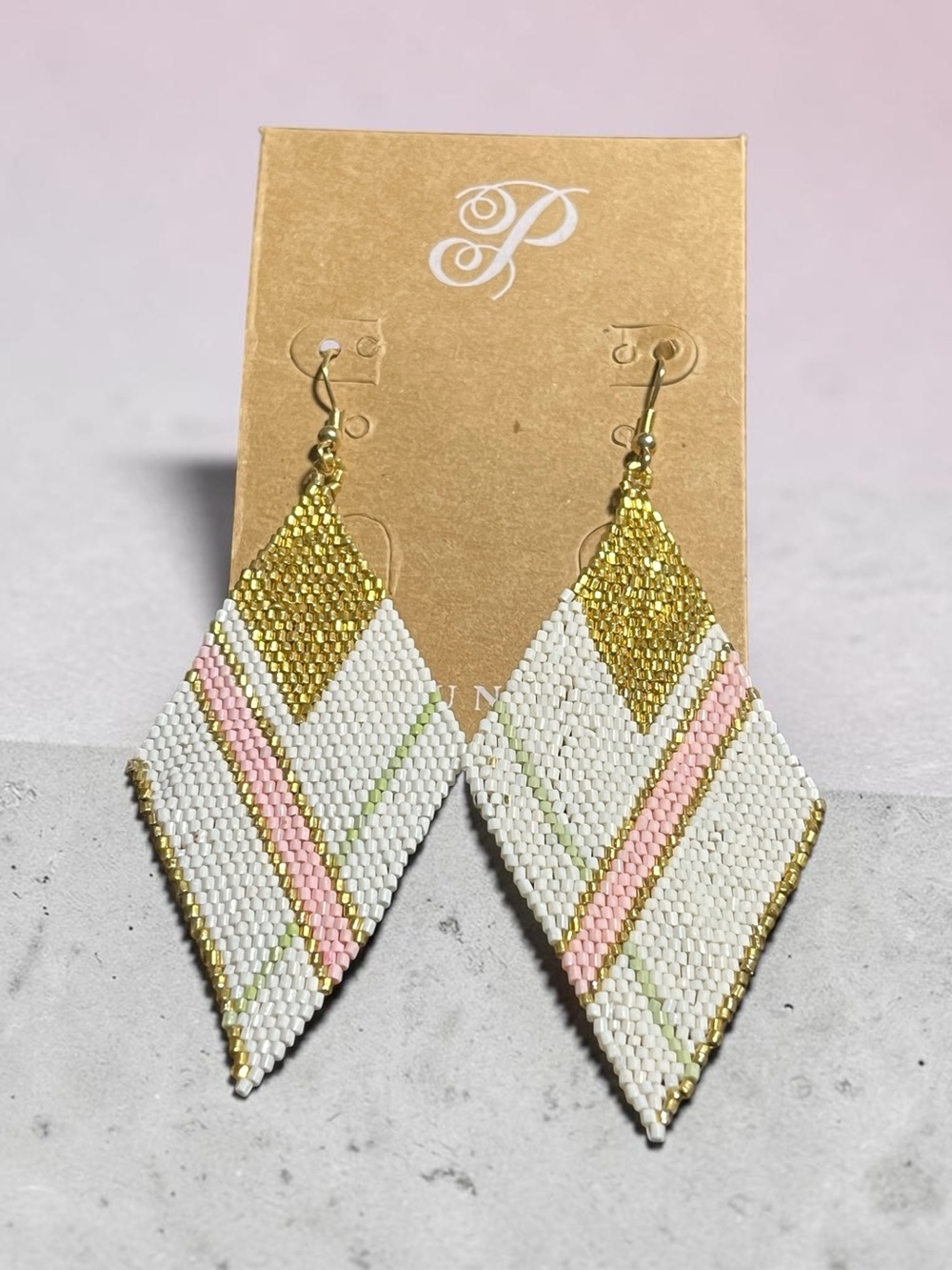 Plunder White, Pink & Gold Beaded Diamond Shaped Earrings
